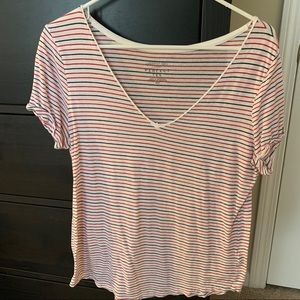 white, red, and navy striped shirt